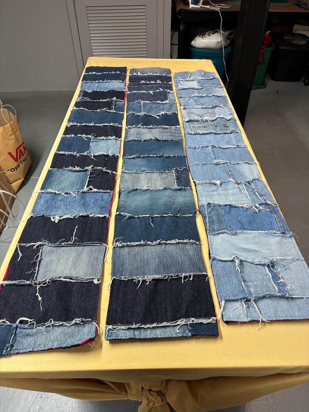 Upcycled Denim Patchwork Scarf with Cotton Flannel Backing — OOAK